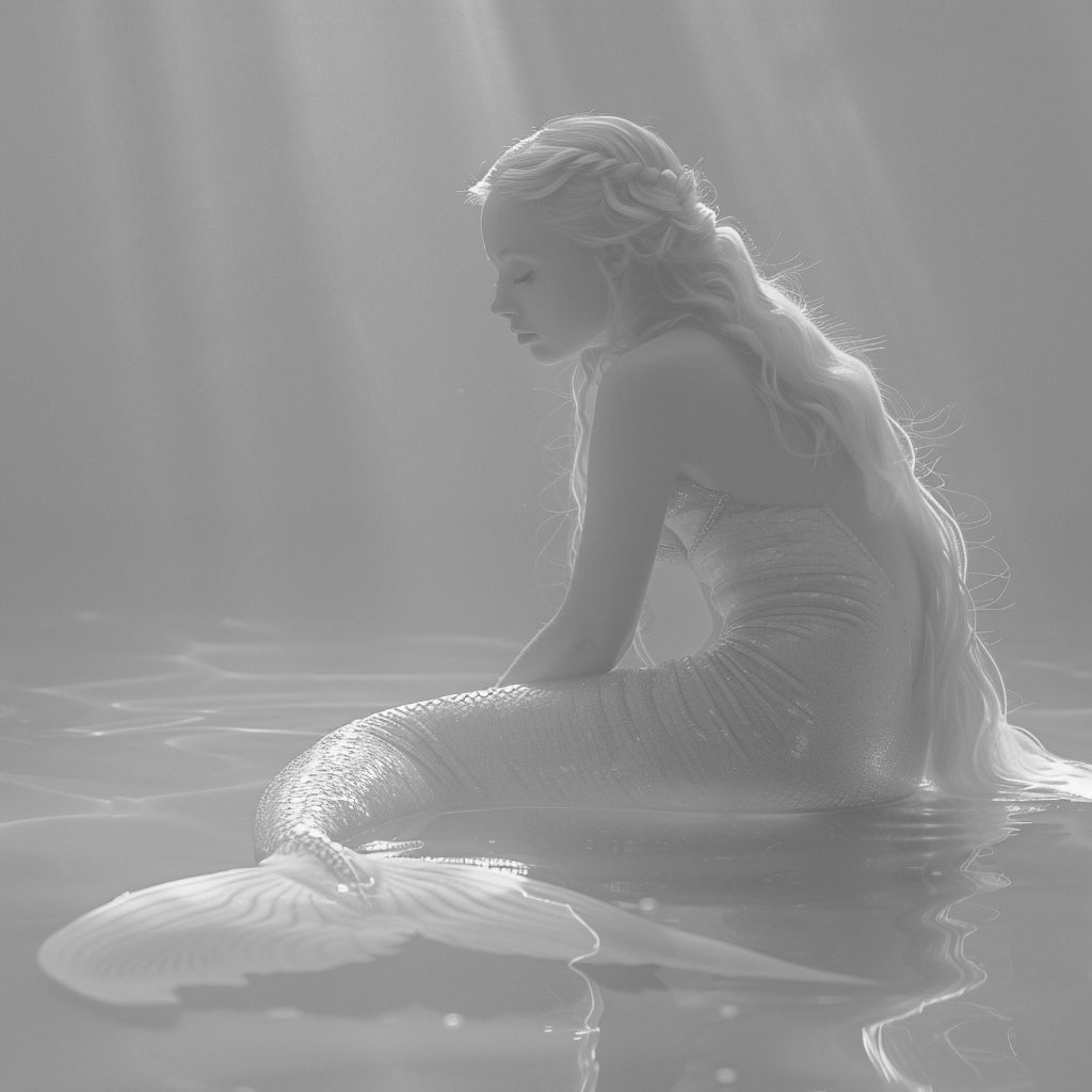 Image of woman with mermaid talil and long hair sitting in water. Representation of a Milusine.