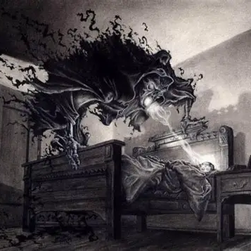 Image of a mora stealing the soul of it's sleeping victim.