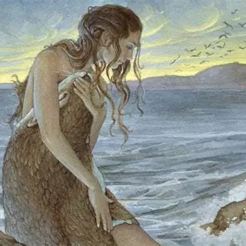 Painting of a woman holding onto a seal in front of the sea