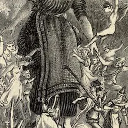 A women being held up by Tylwuth Teg's. Vimntage poster image.
