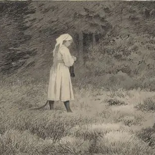 A woman walking through a field with a tail peeking from her dress. Vintage style image.