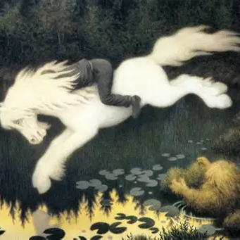 Image of a white horse jumping into a bog with a man in it's back.