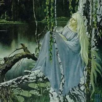 Painting of a woman with long hair in a white dress standing in a dark forest, inspired by Vila mythology.